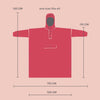 Red poncho with size chart on a pink background